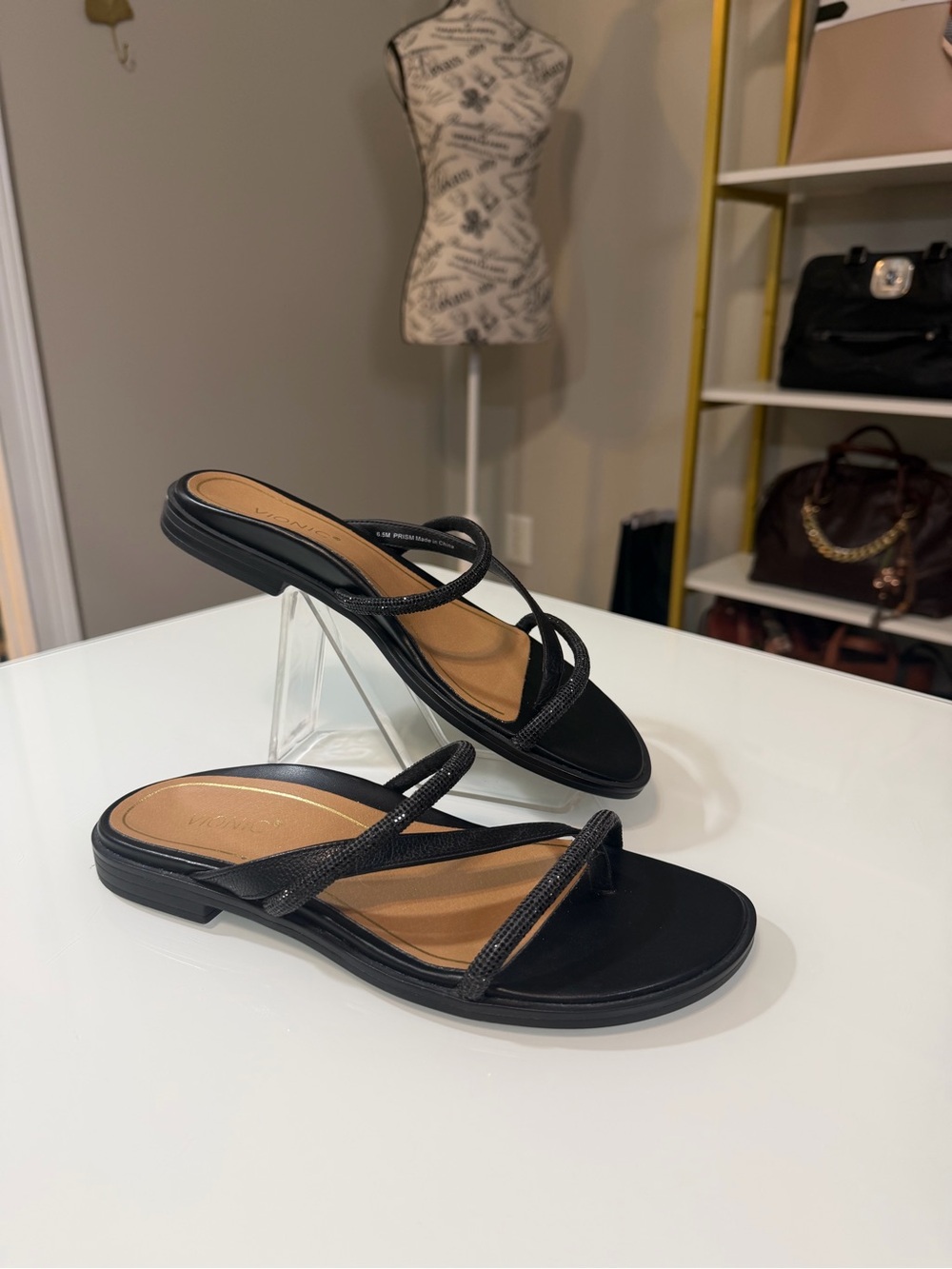 Vionic Prism Black Strappy Crystal Embellished Sandal Slides size 6.5